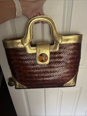 Lilly Pulitzer Brown Woven Tote with Gold Trim